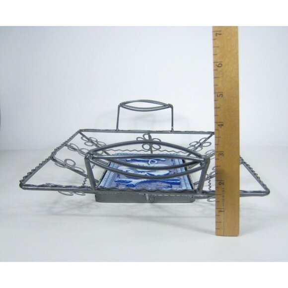 Wire Basket Blue Floral Ceramic Centerpiece Rustic Farmhouse 17 inch - Picture 8 of 10